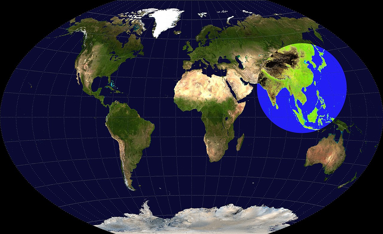 map of earth showing a circle including Japan, Korea, China, Indian, Southeast Asia, Philippines, parts of Indonesia.