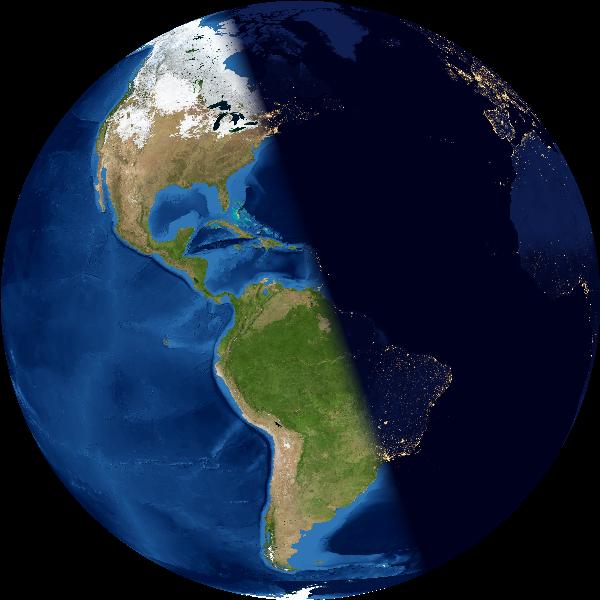 image of the Earth from space illustrating the terminator line between the day side and night side of the globe. The line runs through Quebec, the Gulf of Mexico, Brazil.